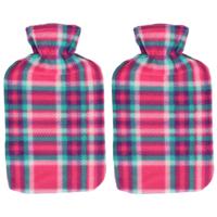 Gerimport Warmwaterkruik - Set van 2x stuks - fleece hoes - rood - Schotse ruit print - 1,25 liter -