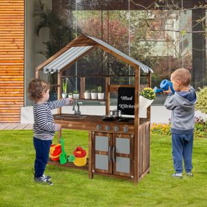 Modderkeuken Kinderen Buiten Kinderkeuken Massief Hout met Luifel & Kraan & Spoelbak & Tafel & Bloempotten Tuinkeuken incl. Accessoires