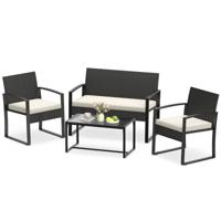 Tuinset van PE-rotan Balkonset voor 4 Personen met Glazen Tafel 2-Zitsbank en 2 Fauteuils-Beige