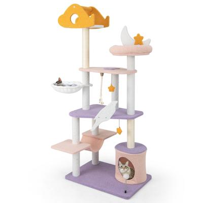 Krabpaal Kattenboom met Kattenmand Hangmat Sisaltouw en Speelgoed Schattige Kattenkrabpaal Klimboom Speelboom Paars + Roze