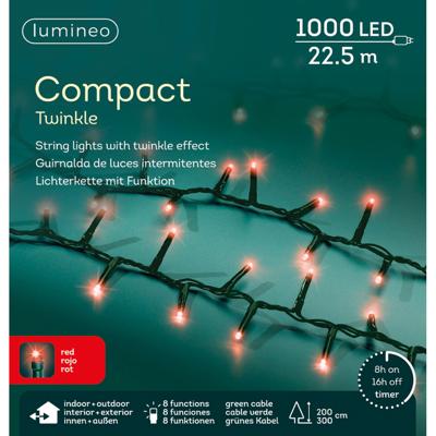 Kerstverlichting - 1000 led lampjes - rood -??2250 cm - twinkel effect - lichtsnoer
