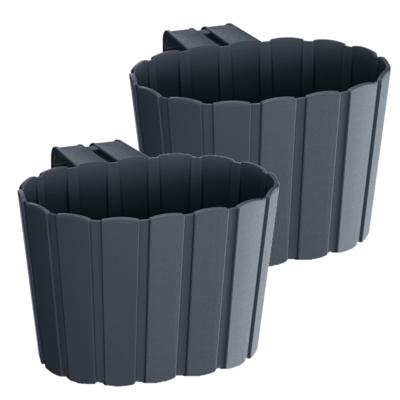 Muur plantenpot/bloempot houtlook - Set van 2x stuks - kunststof - 29 x 21 x 13 cm - antraciet grijs