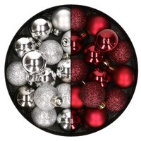 28x stuks kleine kunststof kerstballen bordeaux rood en zilver 3 cm - thumbnail