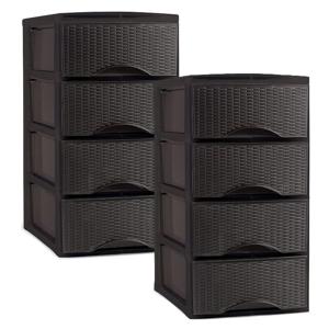 Plasticforte Ladeblok - 2x - 4 lades - kunststof - bruin - rotan - bureau - 26 x 37 x 49 cm