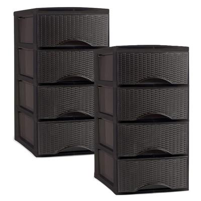 Plasticforte Ladeblok - 2x - 4 lades - kunststof - bruin - rotan - bureau - 26 x 37 x 49 cm