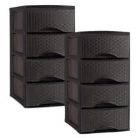 Plasticforte Ladeblok - 2x - 4 lades - kunststof - bruin - rotan - bureau - 26 x 37 x 49 cm