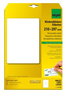 Sigel LA230 Universele etiketten 210 x 297 mm Papier Wit 25 stuk(s) Weer verwijderbaar Inkjet, Laser (zwart/wit), Laser (kleur), Kopiëren (zwart/wit), Kopiëren