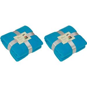 Fleece bankdeken/plaid - 2x - turquoise - 130 x 170 cm - 240 grams - pluisvrij - wasbaar