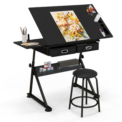 Tekentafel met Kruk Bureau met Kantelbaar Tafelblad Studentenbureau met 2 Laden Werktafel voor Architect en Kunstenaars (Zwart)