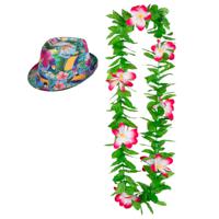 Hawaii thema party verkleedset - Hoedje Tropical print - bloemenkrans roze mix - Tropical toppers - thumbnail