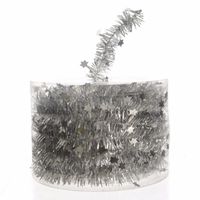 Decoris Kerstslinger-guirlande - met sterren - zilver - glanzende lametta - 700 cm