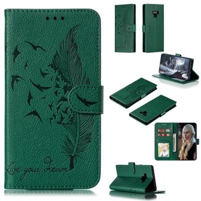 Feather patroon Litchi textuur horizontale Flip lederen draagtas met portemonnee & houder & kaartsleuven voor Galaxy Note9 (groen)