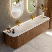 Mondiaz KURVE 180 cm Onderkast Greeploos 2 Lades Met Deuren Walnut, Wastafel Solid Surface Dubbel Talc 2 Kraangaten Zonder Spiegel (KRVCLO180L+R2L2D2KD-Wal/Tal)