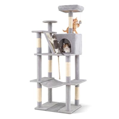 Krabpaal 158 cm Hoge Kattenkoepel met Meerdere Verdiepingen met Zachte Uitkijkplaats Bovenaan Hol Hangmat Sisal Krabpaal & Helling & Hangtouw Bungelende Bal-Lichtgrijs