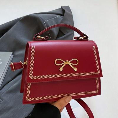 Bon&Bon White PU Leather Bowknot Flap Square Crossbody Shoulder Bag Burgundy