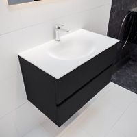 Mondiaz Vica Moon badmeubel zwart mat 80 cm 2 lades solid surface enkele spoelbak midden 1 kraangat