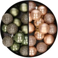 28x stuks kleine kunststof kerstballen legergroen en lichtbruin 3 cm - thumbnail