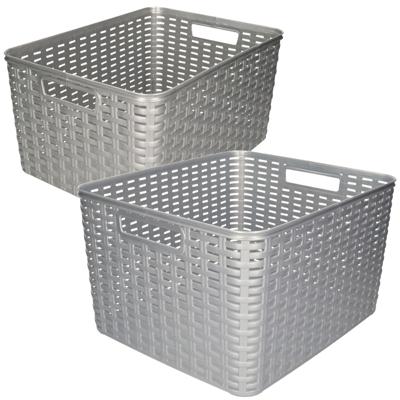 Opbergboxen / opbergmandjes set - 5x stuks - rotan kunststof - zilver - met inhoud 18 en 28 liter