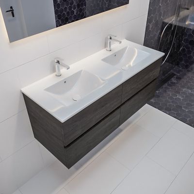 Mondiaz Vica Denia badmeubel eiken donker bruin 120 cm 4 lades keramiek dubbele spoelbak 2 kraangaten