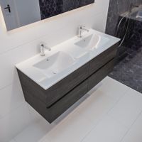 Mondiaz Vica Denia badmeubel eiken donker bruin 120 cm 4 lades keramiek dubbele spoelbak 2 kraangaten