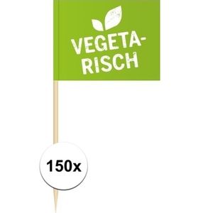 150x Vlaggetjes prikkers Vegetarisch 8 cm hout/papier   -