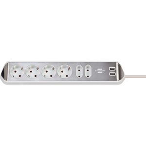 Estilo hoekaansluitdoosstrook met USB laadfunctie 6-weg 4x beschermende contactdozen & 2x Euro zilver/wit