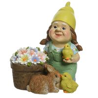 Tuinkabouter vrouw met kuikens en haas - kunststeen - H16 cm - thumbnail