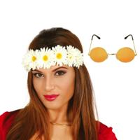 Flower Power verkleed accessoires dames - Bloemen hoofdband - Hippie bril ronde glazen in het oranje