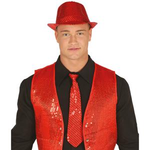 Carnaval verkleed stropdas en hoed - rood - pailletten - volwassenen - verkleed accessoires