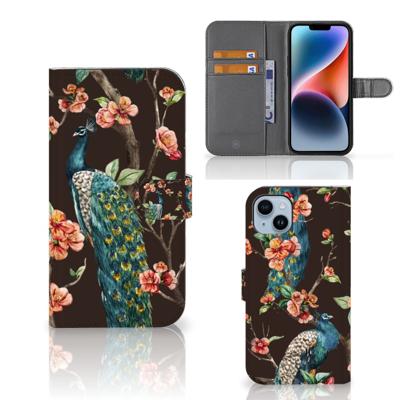iPhone 15 Plus | Telefoonhoesje | Met pasjeshouder | Pauw met Bloemen