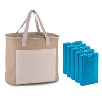 Grote koeltas jute/canvas 20 liter en 38 x 32 x 16 cm met 5x stuks koelelementen blauw