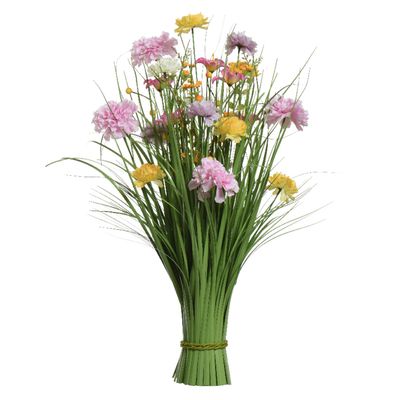 Kunstgras boeket bloemen - anjers - lila paars - geel - H70 cm - lente boeket