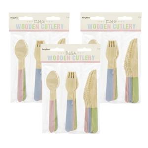 Houten bbq/verjaardag bestek setje - pastel kleuren - 108x delig - vorken/messen/lepels