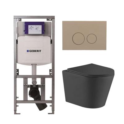 QeramiQ Dely Toiletset - 36.3x51.7cm - diepspoel - rimless - Geberit UP320 Burda inbouwreservoir - softclose toiletzitting - bedieningsplaat taupe - ronde knoppen - zwart mat SW1026253/0701131/SW1102378/SW1000768