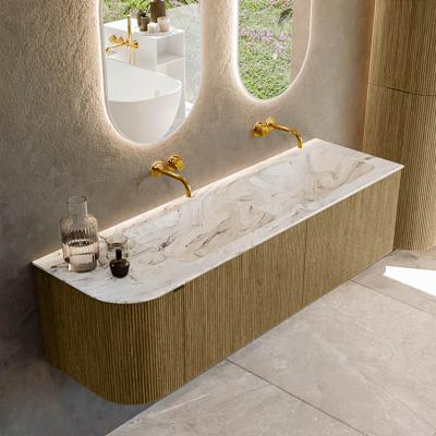 Badmeubel Mondiaz Kurve-Dlux | 155 cm cm | Meubelkleur Dusk | Wastafelkleur Glace | Solid surface | Dubbel / Rechts spoelbak | Zonder kraangat(en)
