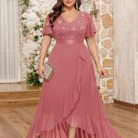 Bon&Bon Plus Size Navy Blue Sequin Lace V-Neck Formal Evening Gown Dusty Pink / 3XL