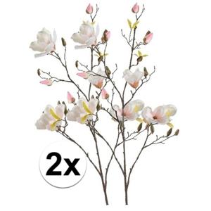 Kunstbloem Magnolia tak - 2x - 105 cm - creme wit/roze - Kunst zijdebloemen