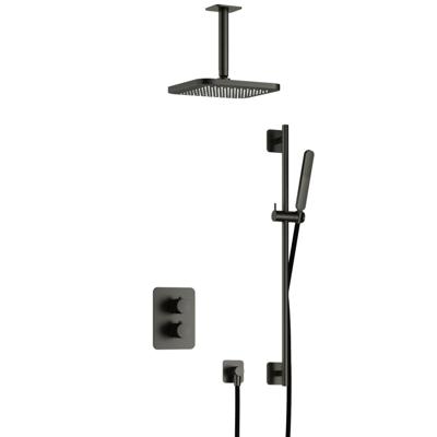 Hotbath Gal - Inbouw Regendoucheset - Geborsteld Gunmetal PVD - Thermostatisch - Plafondbuis 15 cm - Hoofddouche 220 mm - Staafhanddouche - Glijstang 900 mm - met 2-Weg Stop-Omstel