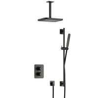 Hotbath Gal - Inbouw Regendoucheset - Geborsteld Gunmetal PVD - Thermostatisch - Plafondbuis 15 cm - Hoofddouche 220 mm - Staafhanddouche - Glijstang 900 mm - met 2-Weg Stop-Omstel