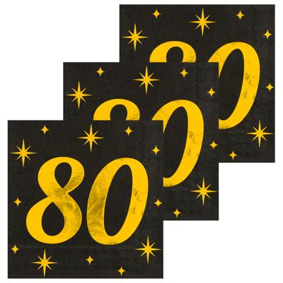 Verjaardag feest servetten - leeftijd 80 jaar - 48x stuks - zwart/goud - sterren - 33 x 33 cm
