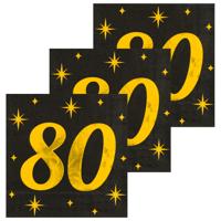 Verjaardag feest servetten - leeftijd 80 jaar - 48x stuks - zwart/goud - sterren - 33 x 33 cm