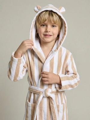 Personaliseerbare badjas voor kinderen met beren, met gerecycled katoen beige, gestreept
