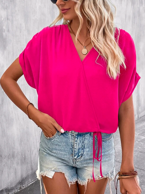 Batwing Sleeve Knot Front Wrap Blouse