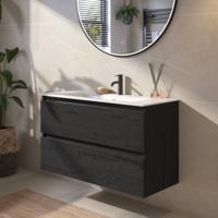 Saqu Gaia badmeubel incl. glans witte keramische wastafel 100x46x61cm eiken zwart - zwarte greeplijst