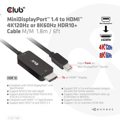 CLUB3D MiniDisplayPort 1.4 to HDMI 4K120Hz or 8K60Hz HDR10+ Cable M/M 1.8m / 6ft CLUB3D MiniDisplayPort 1.4 to HDMI 4K120Hz or 8K60Hz HDR10+ Cable M/M 1.8m / 6ft