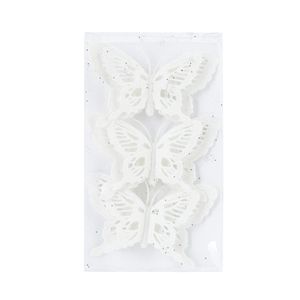 3x stuks decoratie vlinders op clip glitter wit 14 cm