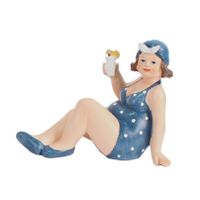 Home decoratie beeldje dikke dame zittend - donkerblauw badpak - 17 cm   -