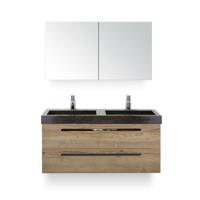 Seville Badmeubelset 120 cm - 2 laden Natuur Eiken - Wastafel Lucca Dubbel - met Spiegel - Variant 2