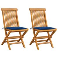 Tuinstoelen 2 st met koningsblauwe kussens massief teakhout