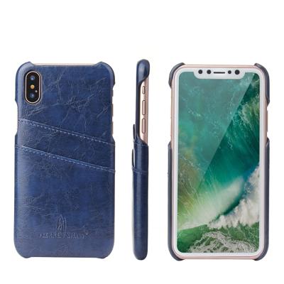 Fierre Shann retro olie Wax textuur PU lederen case voor iPhone X/XS met kaartsleuven (blauw)